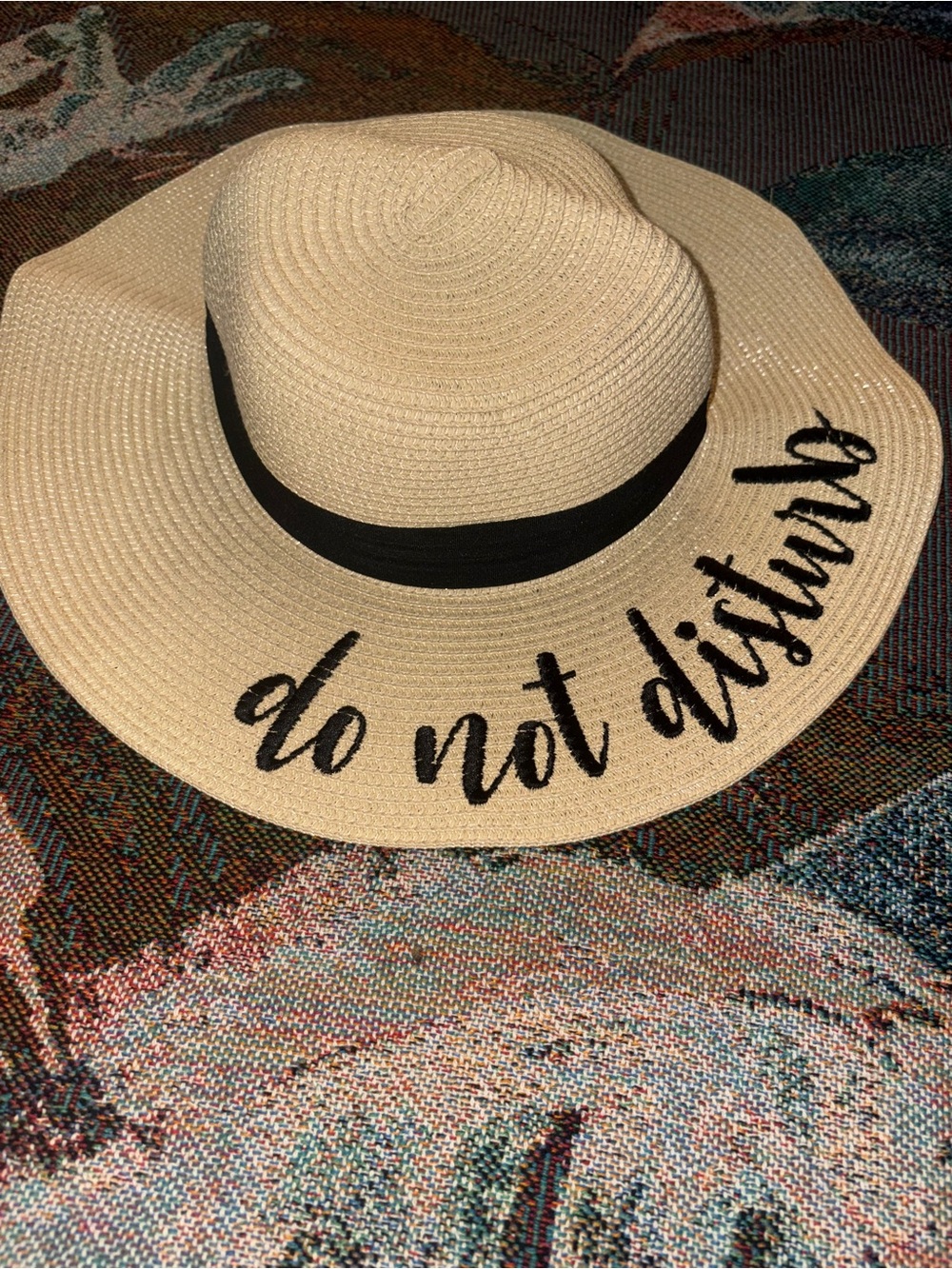 Brixton Beige Sun Hat with Black Band and 'do not disturb' Script